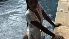 Satomi Gets Soaking Wet In The Pool And Takes Her Clothes Off