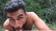 Bearded stud sucking a strangers big cock outdoor