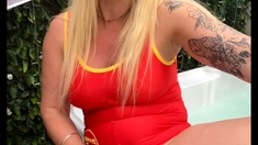 Amateur busty blonde plays with toys to relax