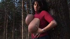 Busty curly brunette with big boobs fucks on couch