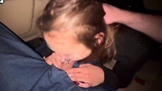 Risky DT in moving car with friends, spunk in throat - warm